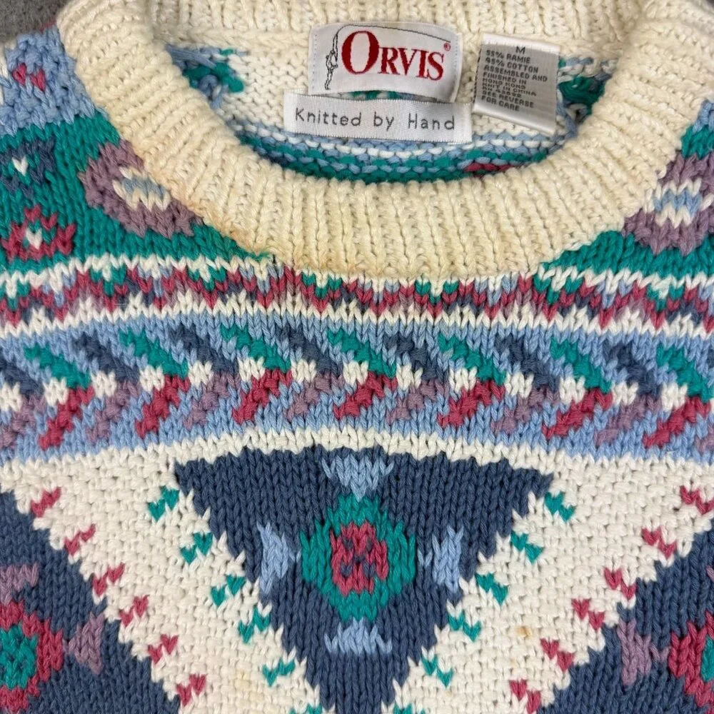 Orvis Sweater Mens Medium Cream Multicolor Geometric Aztec Crewneck Hand Knitted - Picture 7 of 9